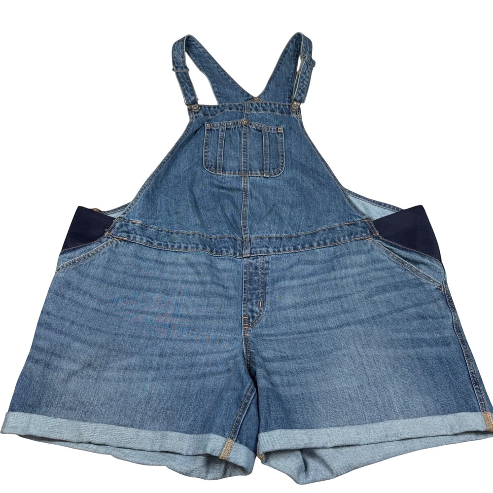 Old Navy Maternity XXL Denim Shortalls Medium Wash Blue Cuffed Cotton Overalls